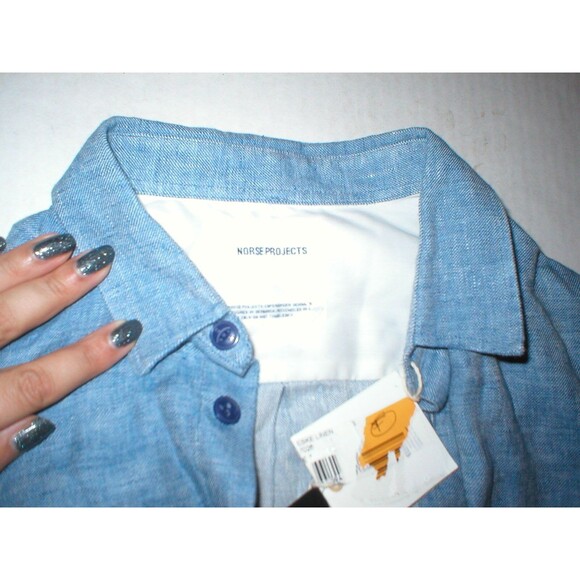 New Mens NWT Designer Norse Projects Eske Linen Shirt S Small Blue Europe Long - Picture 5 of 8